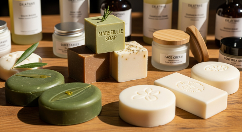 Large sélection de savons artisanaux colorés et parfumés exposés dans la boutique de la Savonnerie de Provence à Saint-Rémy-de-Provence